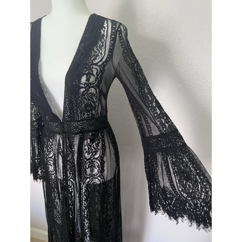 Ivy May Size M Black Sheer Lace Flared Sleeve Maxi Duster Cardigan Witchy Gothic